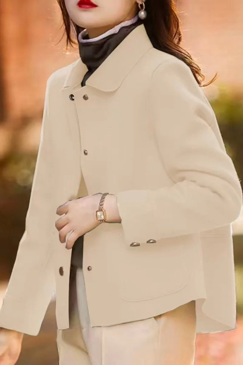 Fashionable minimalist coat for women with a single-breasted collar and high-quality short woolen coat, casual solid color long-