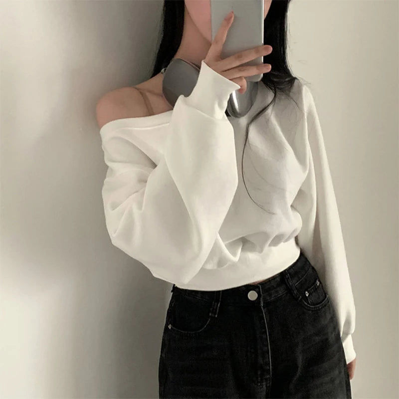 Korean Streetwear Off-shoulder Long Sleeve Loose Casual Cropped Sweatshirt For Women