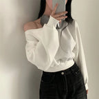 Korean Streetwear Off-shoulder Long Sleeve Loose Casual Cropped Sweatshirt For Women