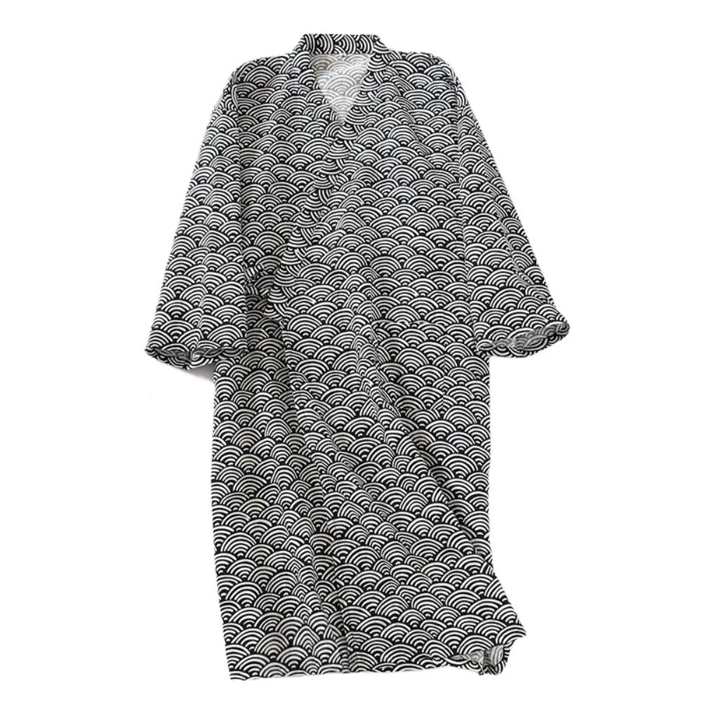 Bath Robe V-Neck Men's Kimono Bathrobe Long Sleeve Loose Kimono Pajamas Print Thin Japanese-Style Yukata Bath Wear