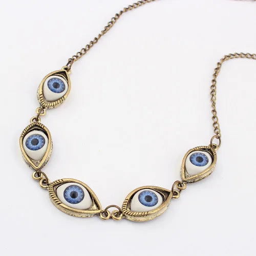 Vintage Punk Evil Eye Necklaces 5pcs Blue Eyeball Connect Exaggeration Multiple Dense Evil Eyes Necklace