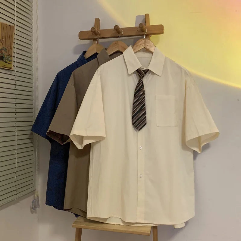 Short-sleeved Work Shirt Men's Summer Tie Handsome High-end Fashion Brand Trendy Couple College Style