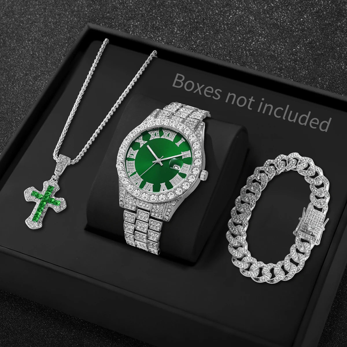 3PCS/Set Luxury Full Diamond Men Quartz Watches Fashion Hip Pop Mens Calendar Wristwatch Bracelet Necklace Set (Without Box)