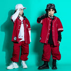 Kids Teenage Streetwear Hip Hop Clothing Red Shirt Tops Casual Cargo Jogger Pants For Girl Boy Jazz Dance Costume Rave Clothes