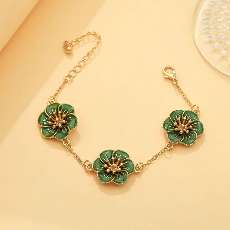 Vintage Drip Oil Flower Pendant Necklace Earrings Bracelet Ring Set for Women Elegant Floral Clavicle Chain Party Jewelry Set