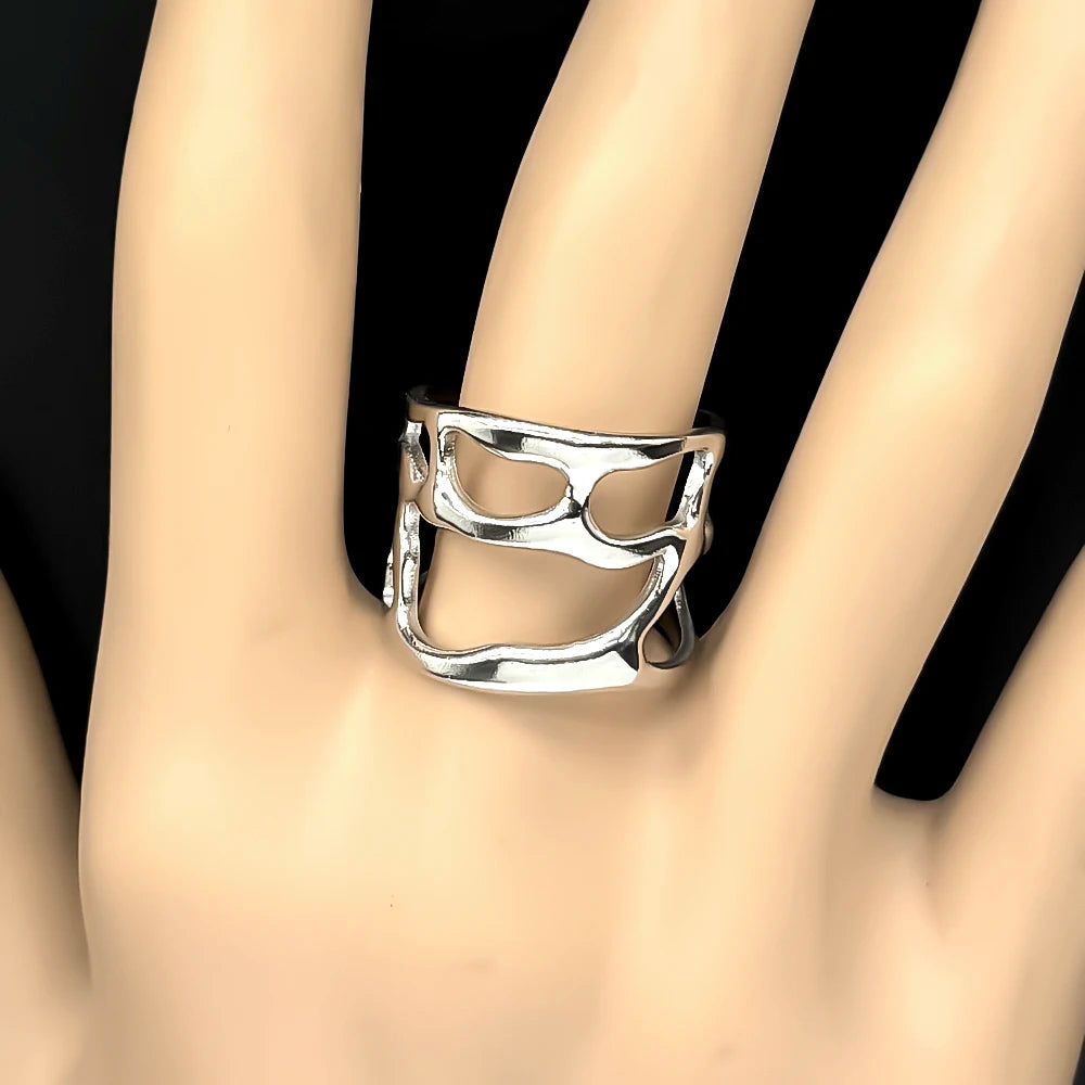 Irregular Hollow Ring For Women Metal Texture Waterproof Daily Simple Stylish Silver Color Rings Stainless Steel Finger Jewelry