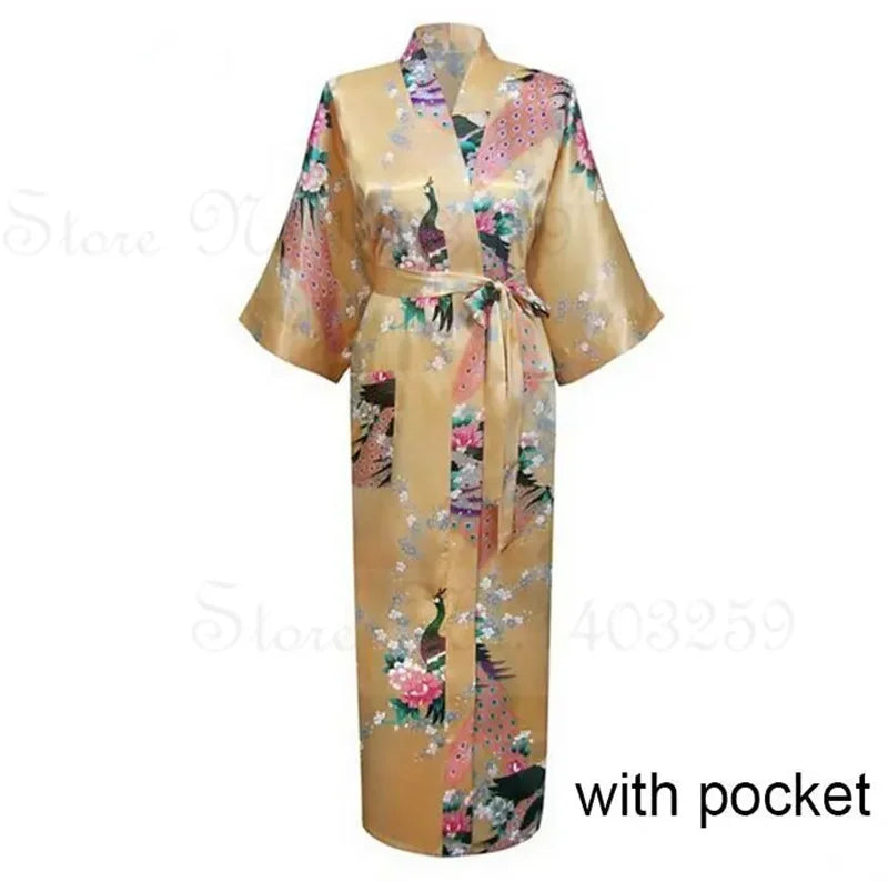 Women Long Robe Kimono Bathrobe Gown with Pockets Sexy Wedding Bride Bridesmaid Dressing Gown Oversize Satin Homewear Loungewear