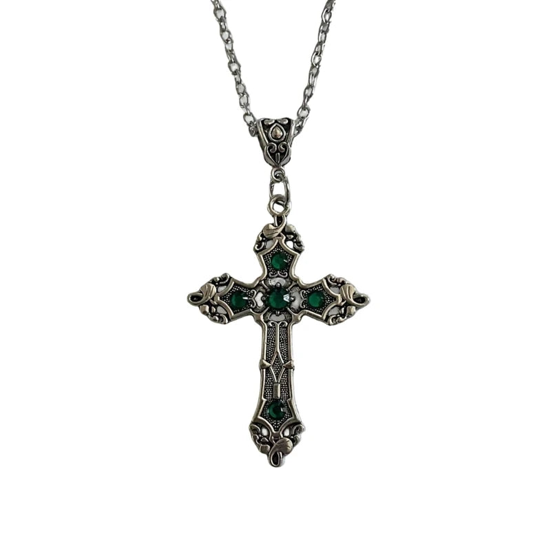 European and American Cross Necklace Gemstones Neck Chain Large Crosses Pendant Religious Jewelry Women Choker Neckchain
