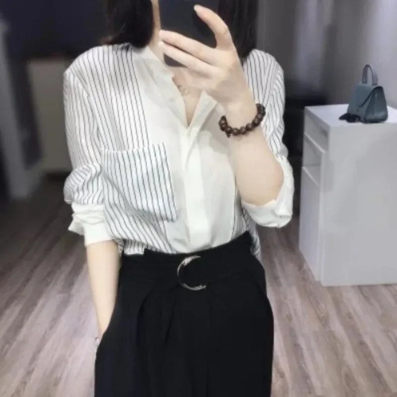 Shirts & Blouses For Women Striped Thin Style Woman Top Button Up Novelty 2025 Cute And Elegant Basic Premium Promotion Xl