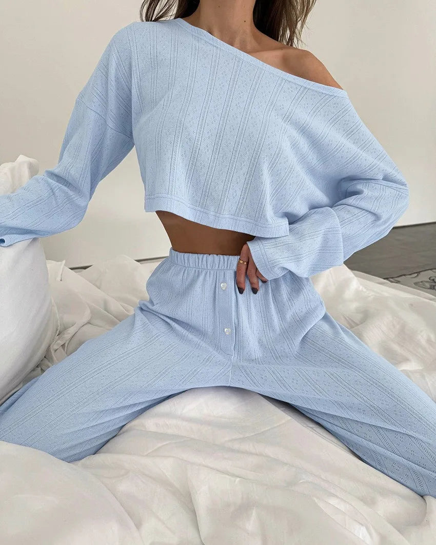 Fashion Knitted Female Pajamas Set Home Clothes Breathable Simple Comfortable Sleepwear Lounge Wear Elegant Casual Pyjamas Suit
