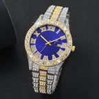 3PCS/Set Luxury Full Diamond Men Quartz Watches Fashion Hip Pop Mens Calendar Wristwatch Bracelet Necklace Set (Without Box)