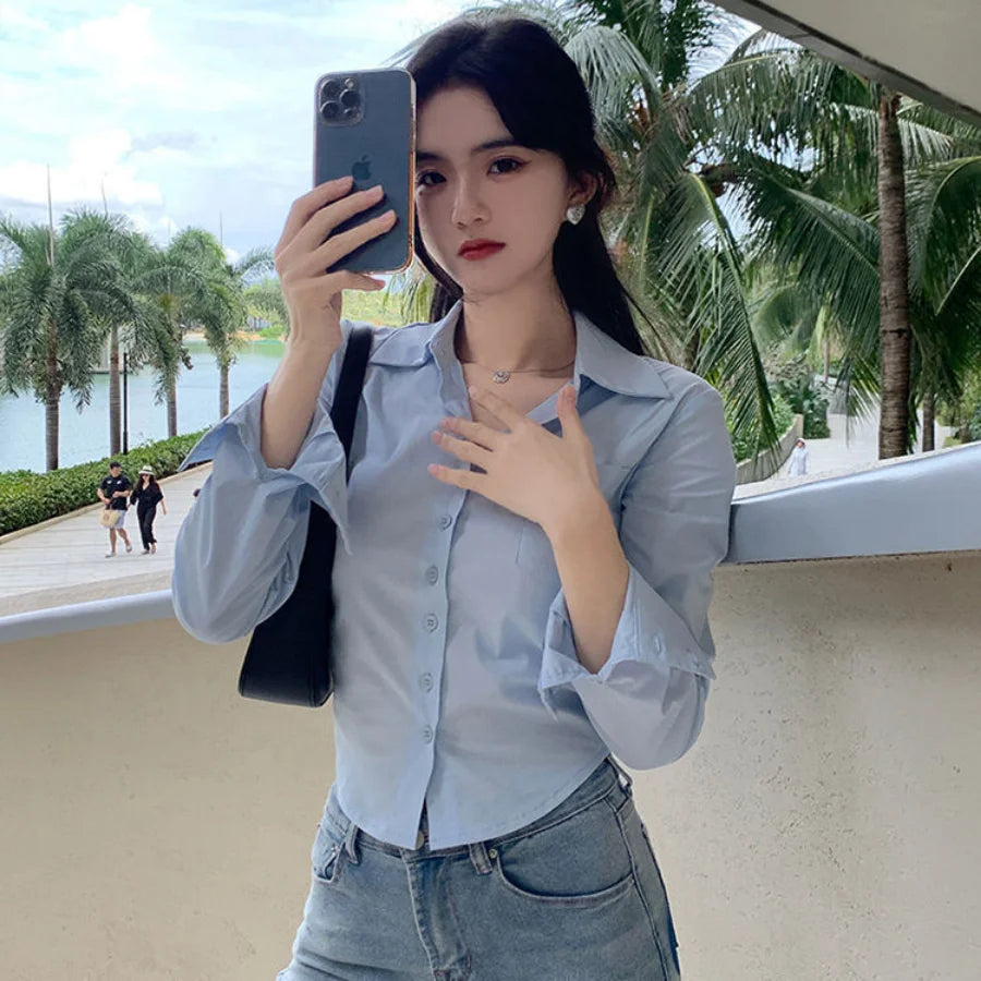 Blouse Woman New Collection 2025 Silk Korean Style Black Sexy Blue Satin Shirt for Women White Crop Top Long Sleeve Chiffon Hot