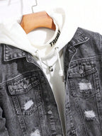 1Pc Y2Kmen's Four Seasons Destroyed Stone Washed Light Jacket Daily American Street Casual Denim Jacket (No Hood/No Accessories)