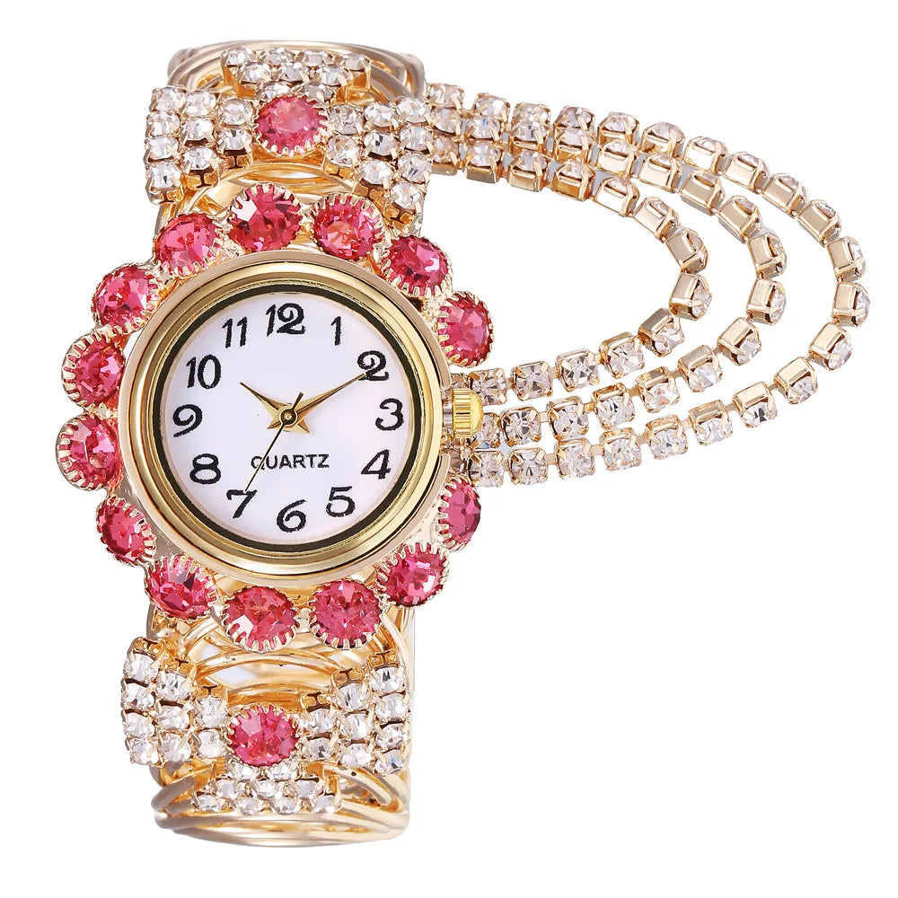 Trendy Leisure Women’s Watch Chic Gold Hollow Design Quartz Watch Stylish Red White Rhinestone Bangle Wristwatch