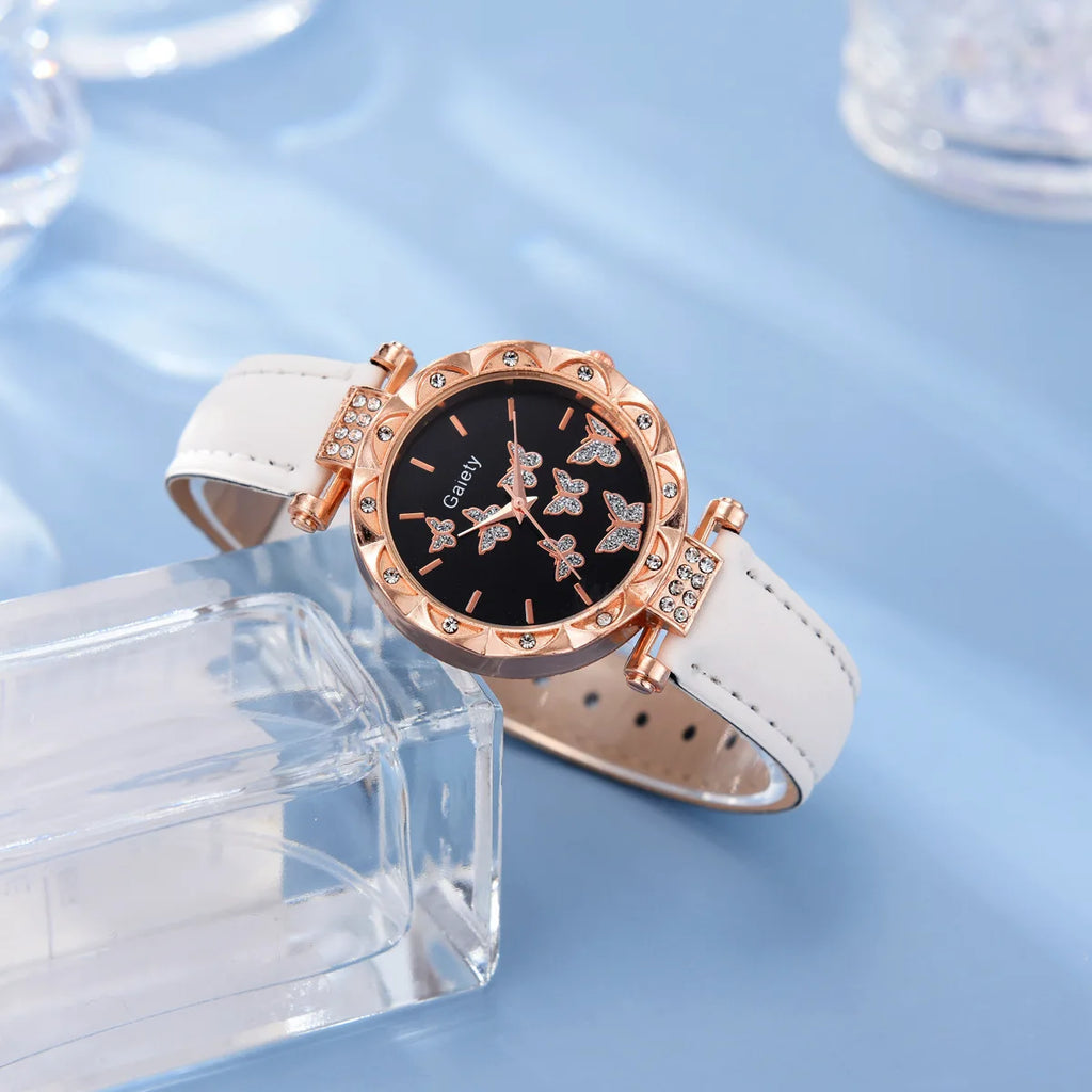 Women Watch Ring Necklace Earrings Bracelet Set Watches Butterfly Leather Strap Ladies Quartz WristWatch (No Box)