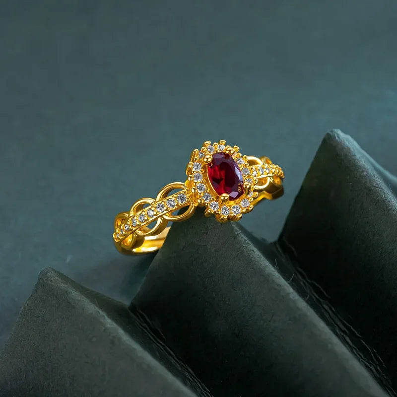 Real 14K Gold Color Ruby Ring for Women Bride Jewelry Open Ring Birthday Engagement Wedding Zircon Women's Ring