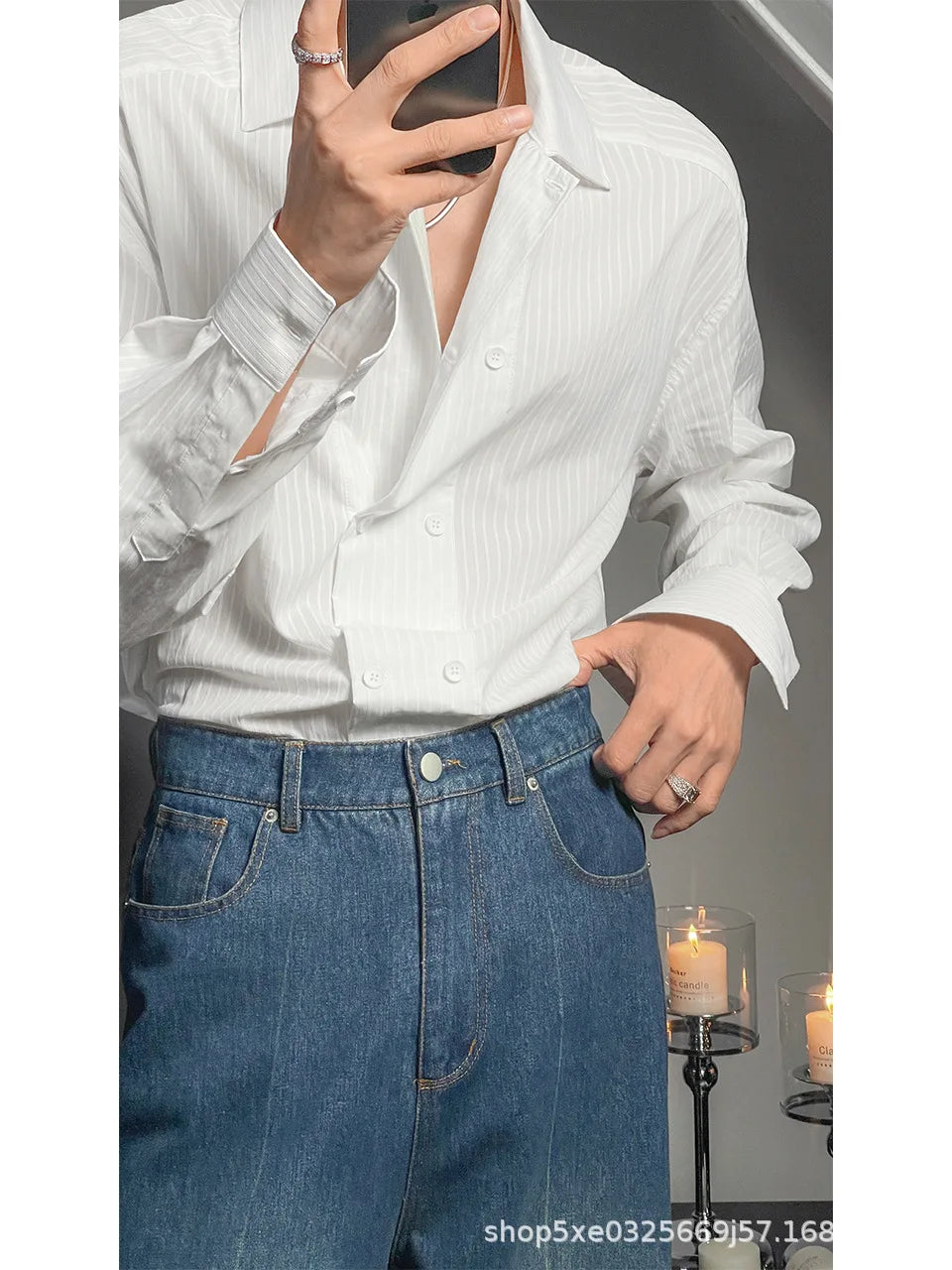 Italian Shirt Men's Trendy Slim Long Sleeve Light Luxury Style Suit Inner Shirt Hairstylist Stripes