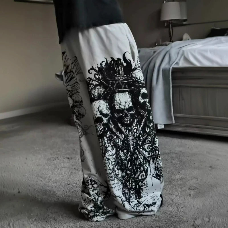 Y2K Retro Casual Jogger Pants Gothic Skull Print Afterlife Sweats Floor Pants Trend Harajuku Hip Hop Oversized Unisex Clothing