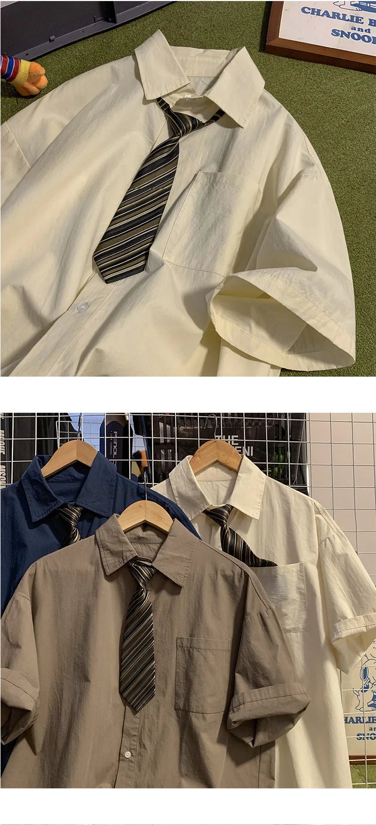 Short-sleeved Work Shirt Men's Summer Tie Handsome High-end Fashion Brand Trendy Couple College Style