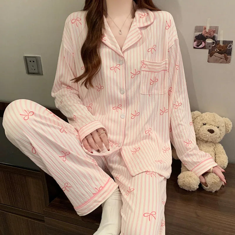 Printemps et automne nouveaux pyjamas pour femmes ensemble de vêtements de détente fille amour Cardigan pyjamas tissu froissé vê