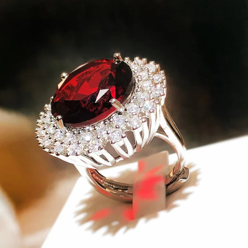 Red Round Gemstone Stone Ring For Women Elegant Engagement Wedding Ring Sterling Silver Color Austrian Crystals Fashion Jewelry