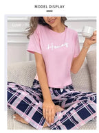 Women's Pajamas Set Casual Home Clothes Soft Comfortable Crew Neck T-Shirt & Plaid Pants Sleepwear Piece Loungewear Pyjama Femme