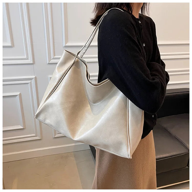 Tote Women's Bag Korean Style Large Capacity Soft Leather Shoulder Bag Retro Casual Hand-held Bucket Bag 2025 Одноплечевая сумка