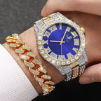 3PCS/Set Luxury Full Diamond Men Quartz Watches Fashion Hip Pop Mens Calendar Wristwatch Bracelet Necklace Set (Without Box)