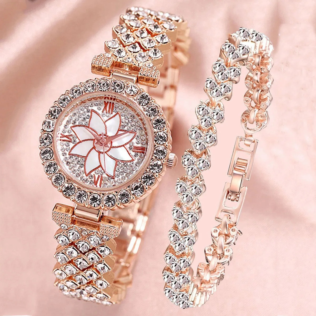 2Pc/Set 1Pc Rhinestone Decor Quartz Watch & 1Pcs Bracelet Fancy Women Watches Jewelry Sophisticated And Stylish Women Watch