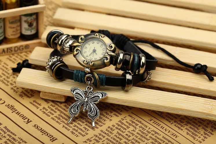 Handmade Butterfly Beads Bracelet Quartz Watch Clock Women Man Lovers Vintage Retro Bracelet Leather Strap Bracelets Dress Watch