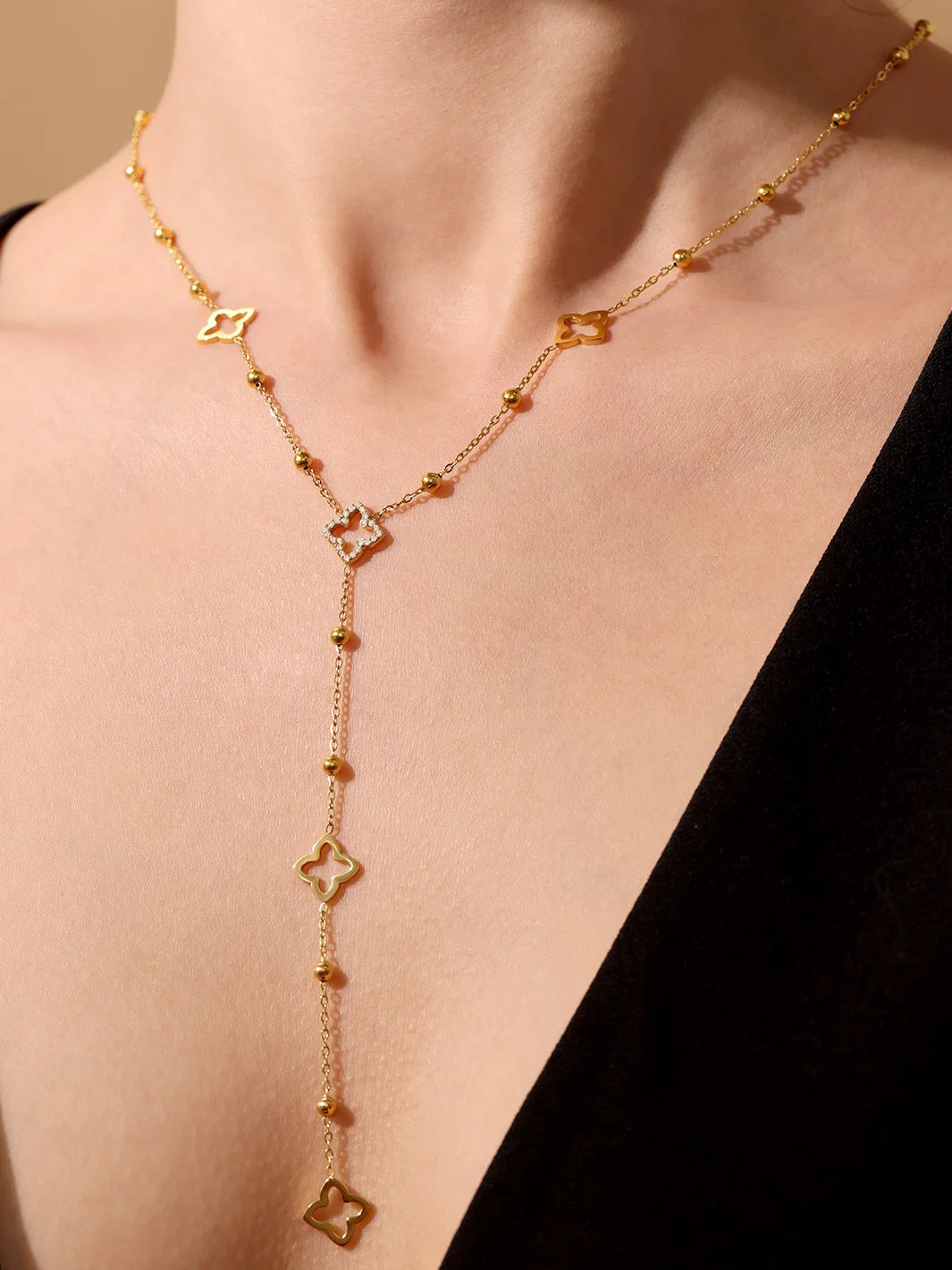 Nivora Gorgeous Luck Clover Zircon Long Chain Stainless Steel Necklaces For Women Metal Female Collar Wedding Banquet Jewelry