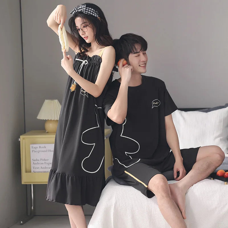Summer Pyjamas Men Knited Cotton Pajamas Set Korean Sweet Pijamas Ladies Sexy Sleepwear Home Clothing For Youth Boy Girl