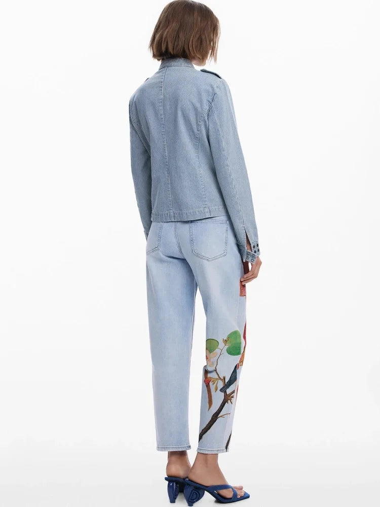 European, American, Spanish original single women's jeans, contrasting color print, elastic casual designer style cropped pants