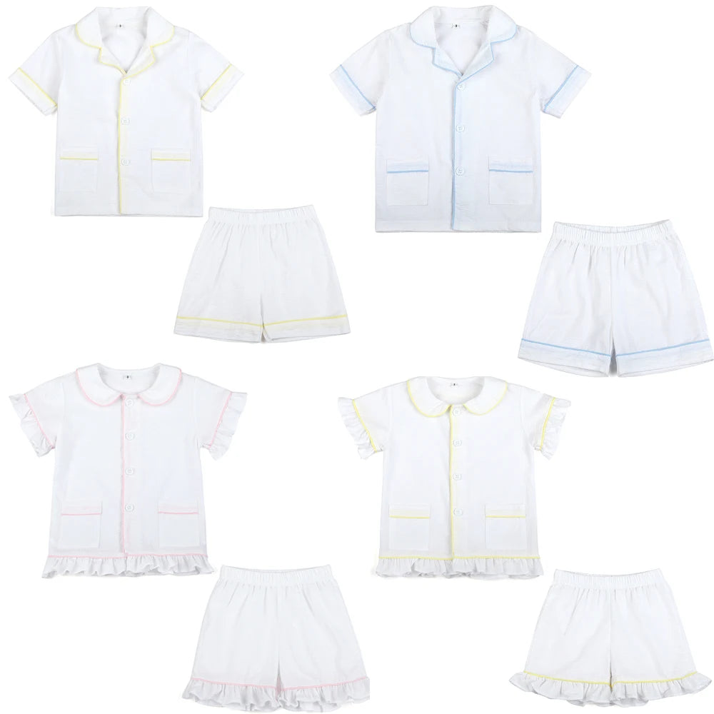 Wholesale 1-12 Years Kids Pyjamas 100% Cotton Plaid Seersucker Soft Sibling Outfits Pjs Loungewear Baby Boys Girls Pajamas Sets