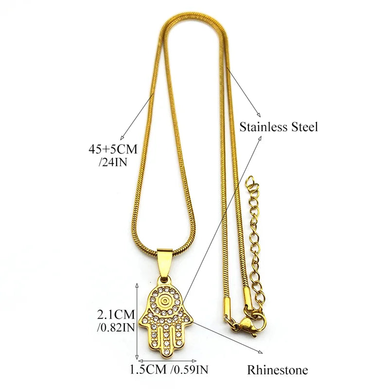 Evil Eye Fatima Hand Pendant Necklace For Women Girls Stainless Steel Gold Color Rhinestone Turkish Chain Jewelry Gifts Collar