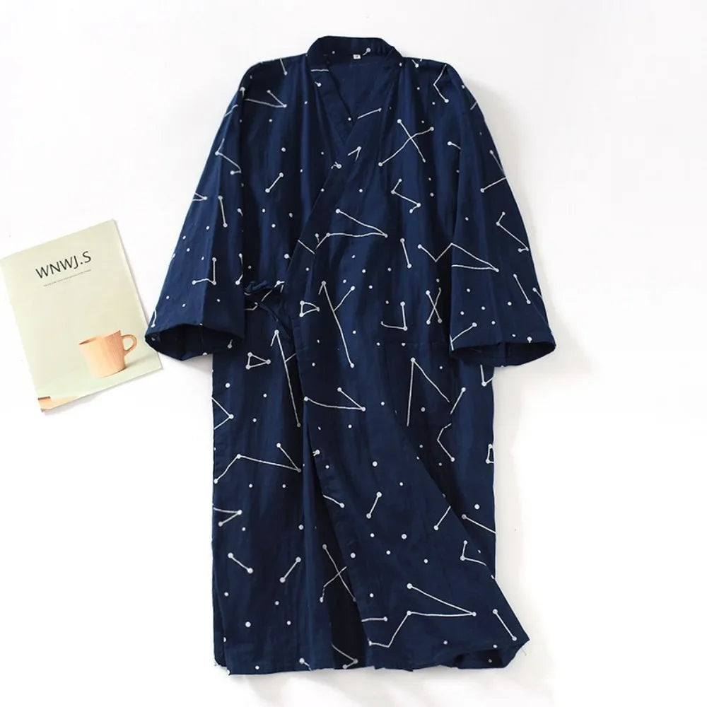 Bath Robe V-Neck Men's Kimono Bathrobe Long Sleeve Loose Kimono Pajamas Print Thin Japanese-Style Yukata Bath Wear