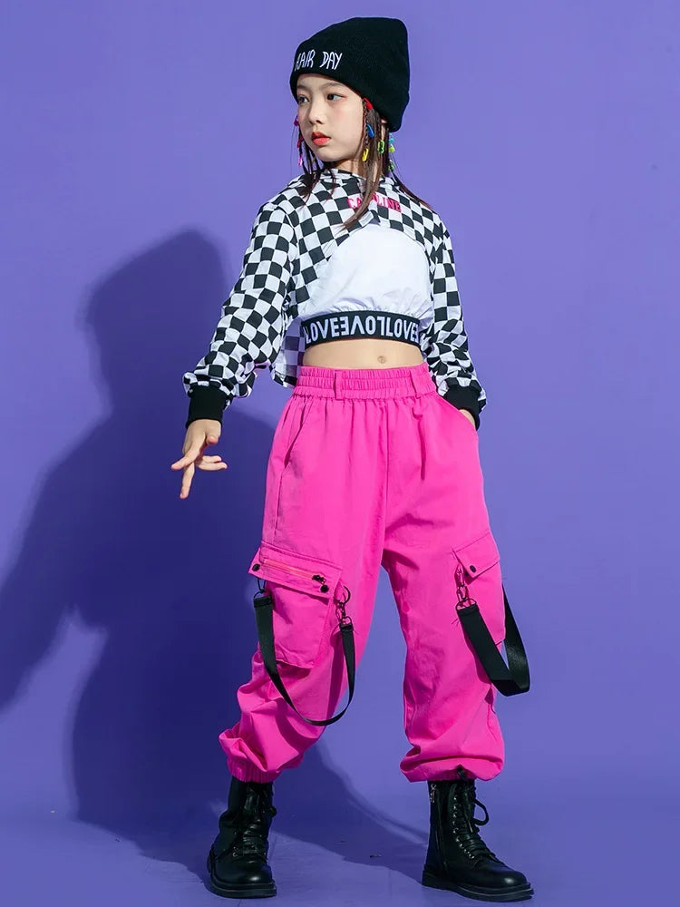 Kids Teenage Streetwear Hip Hop Clothing Red Shirt Tops Casual Cargo Jogger Pants For Girl Boy Jazz Dance Costume Rave Clothes