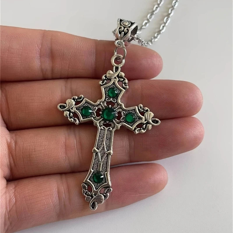 European and American Cross Necklace Gemstones Neck Chain Large Crosses Pendant Religious Jewelry Women Choker Neckchain