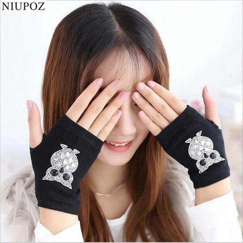 Female Cute Winter Warm Long Knit Fingerless Dance Sleeves Women Cool Cartoon Owl Rabbit Diamonds Rivet Sequins Cuff Gloves A40