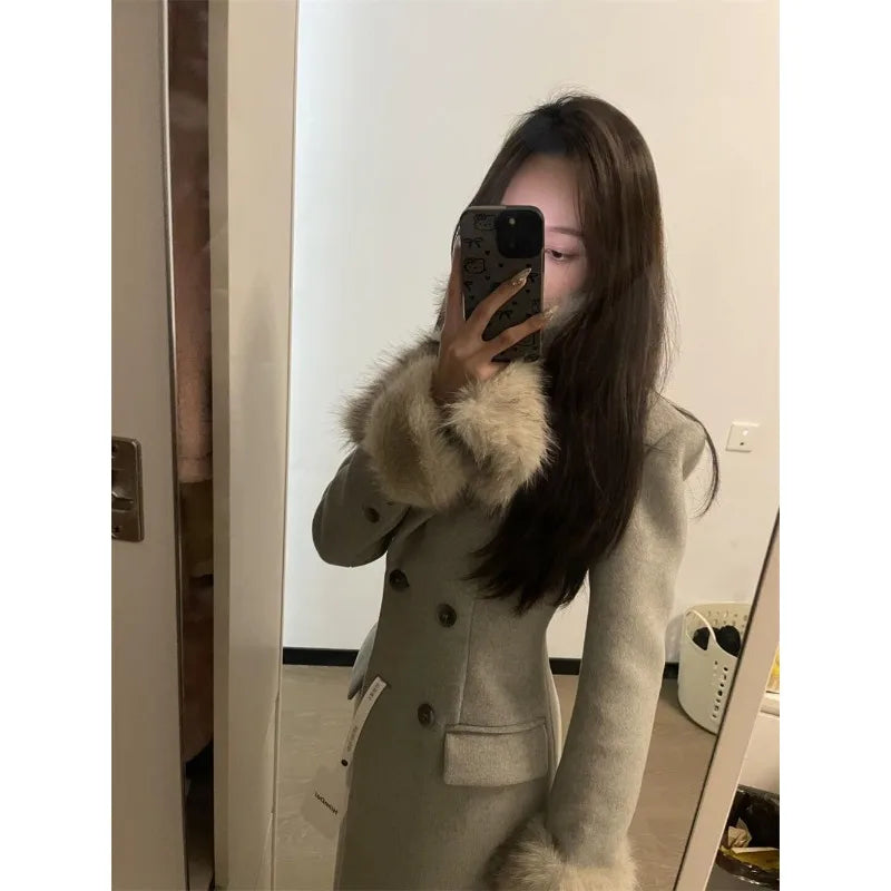 Korean Fashion Women Casual Loose Woolen Coat Elegant and Chic Solid Outerwear Long Overcoat Female Warm Cloak