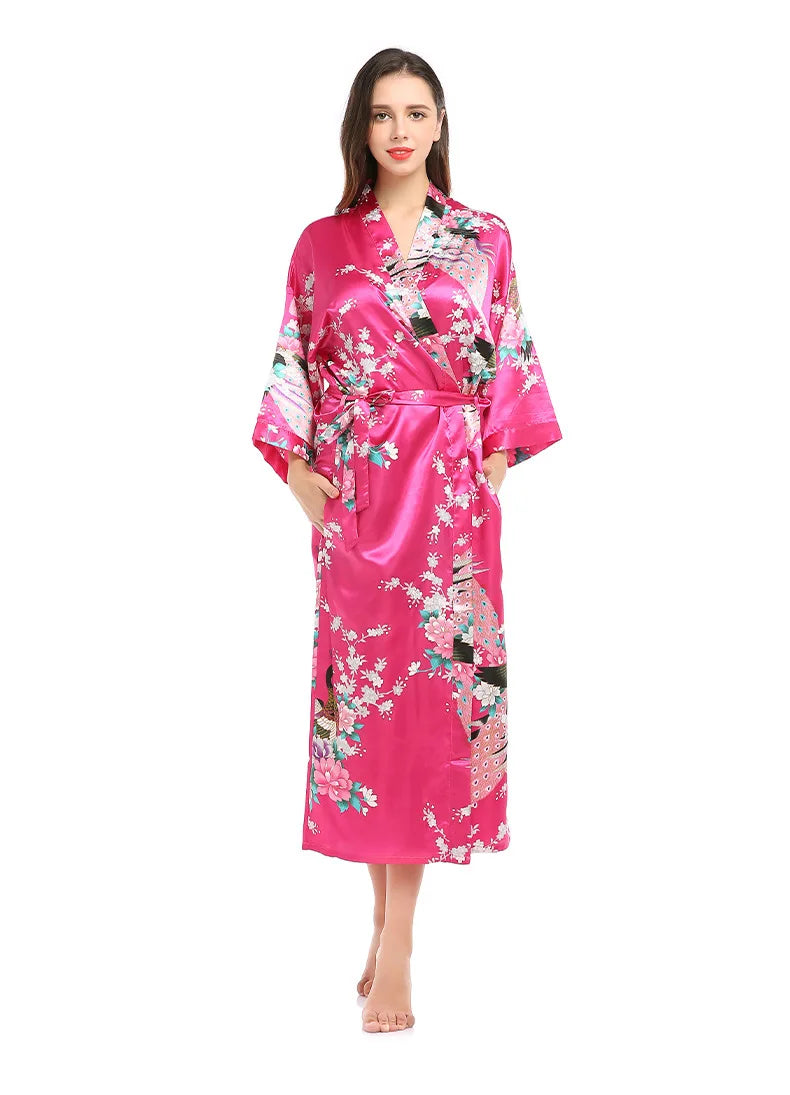 Women Long Robe Kimono Bathrobe Gown with Pockets Sexy Wedding Bride Bridesmaid Dressing Gown Oversize Satin Homewear Loungewear
