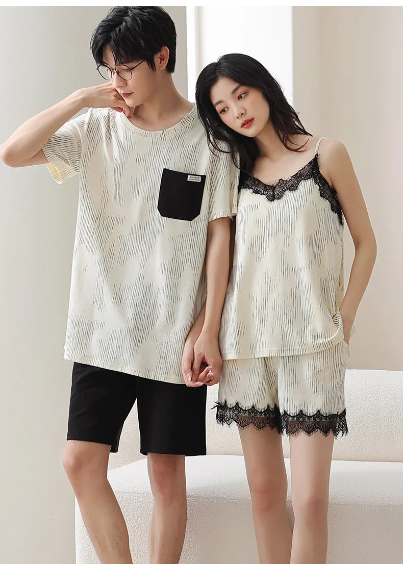 Summer Pyjamas Men Knited Cotton Pajamas Set Korean Sweet Pijamas Ladies Sexy Sleepwear Home Clothing For Youth Boy Girl