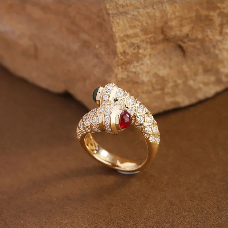 Vintage Retro Ring 18K Gold Lab Ruby Emerald Resizable Rings Women Antique Cocktail Party Finger Ring Fine Jewelry Party Gift
