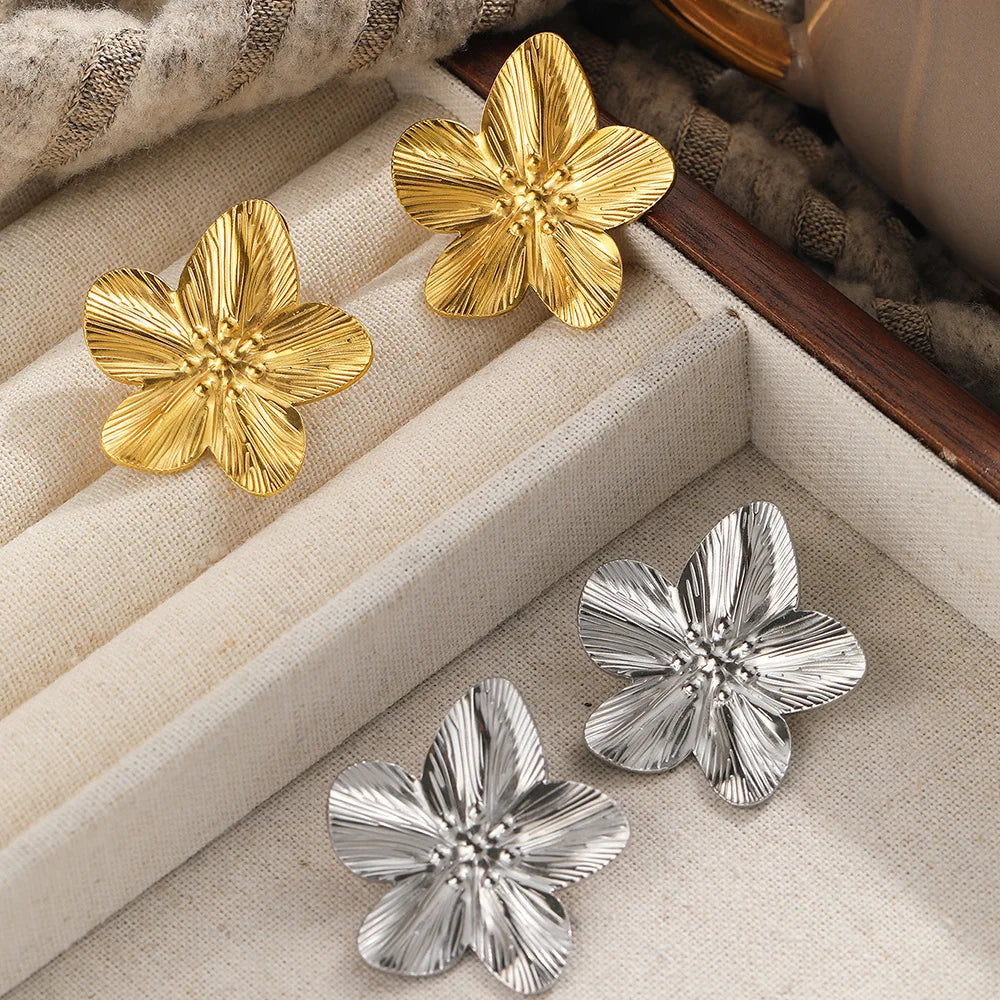 Stainless Steel Flower Stud Earrings for Women Girls Vintage Gold Color Metal Earrings Trendy Daily Wear Fashion Jewelry Gifts