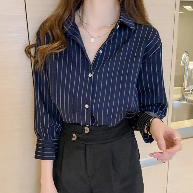 Striped Shirt Women Spring Summer Vintage Chic Loose Long Sleeve Top Office Ladies Fashion Casual Turn Down Collar Blouse