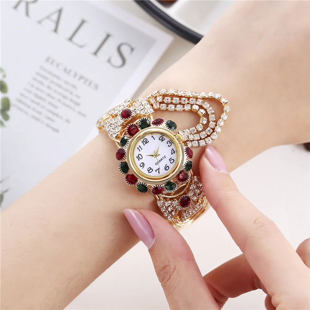 Trendy Leisure Women’s Watch Chic Gold Hollow Design Quartz Watch Stylish Red White Rhinestone Bangle Wristwatch