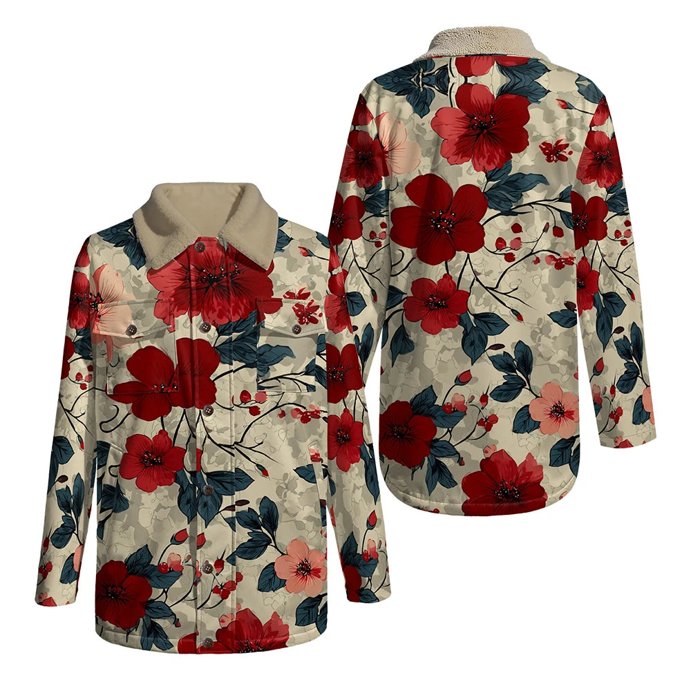 Elegant Floral Print Long Sleeve Coat with Soft Faux Fur Collar Perfect for Spring and Autumn Casual Fashion and Daily Outerwear