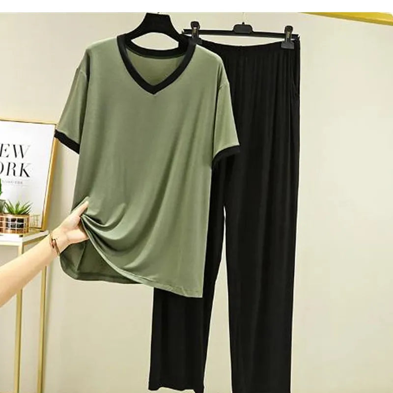 Pyjama Pour Femme New Short Sleeve Trousers 2 Piece Suit Modal Sleepwear Pajamas Set V Neck Plus Size Night Pijamas Women 6XL