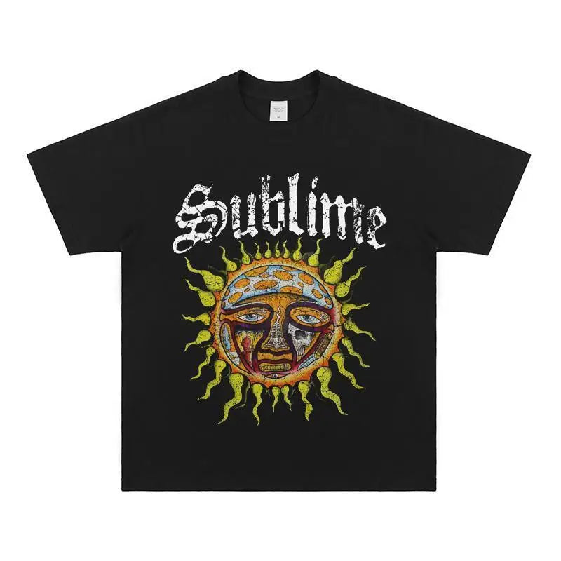 Punk Band Streetwear T-shirt with Sun Print, Oversized and Loose Fit, American Style, with A Small Collar and Short Sleeves.