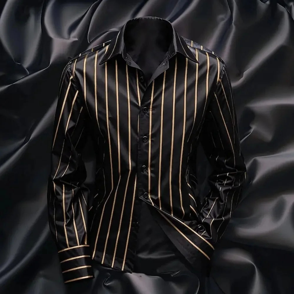 The new fashionable men's striped shirt is a casual and stylish outdoor long-sleeved shirt with a soft and comfortable lapel